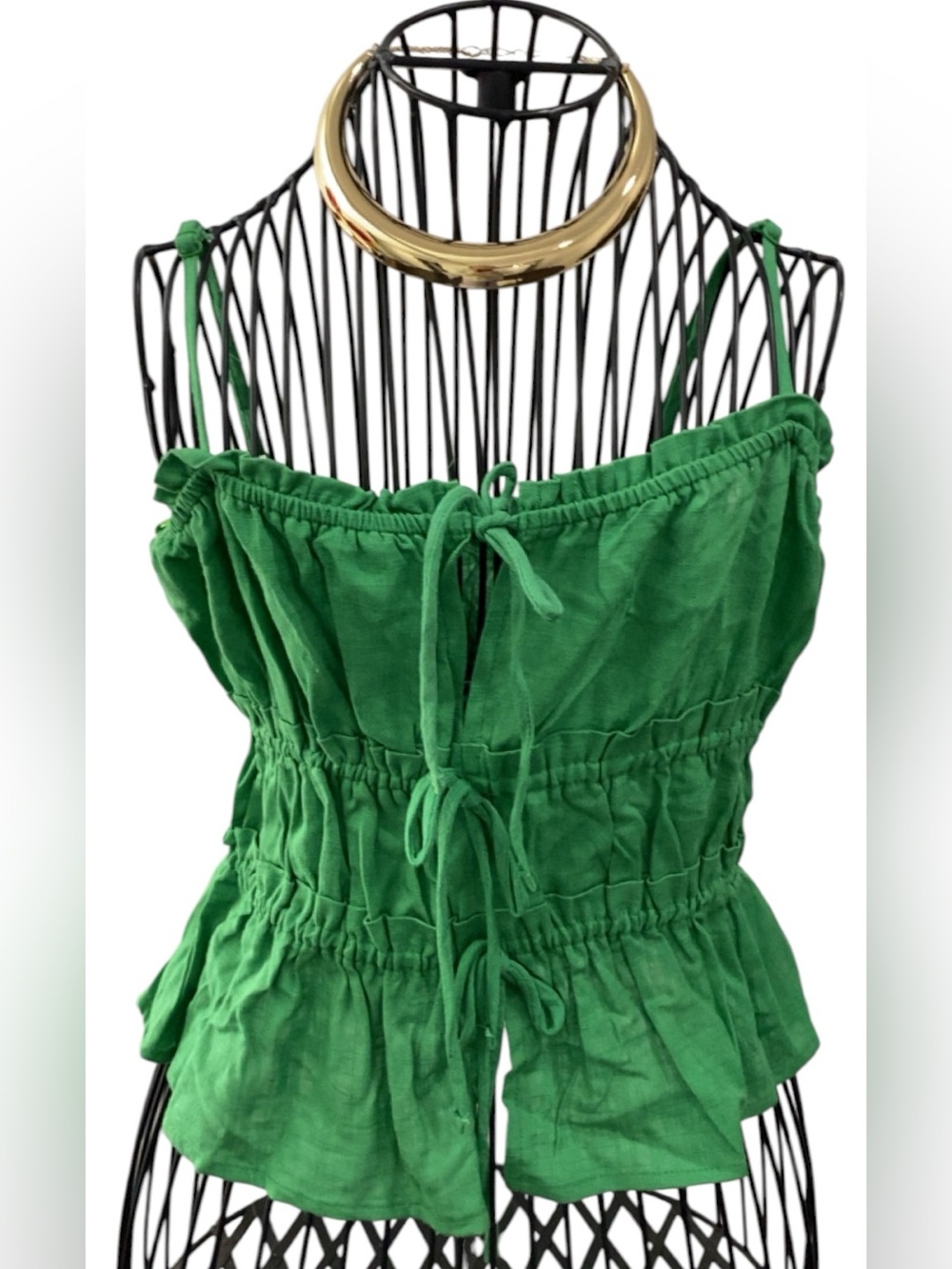 Green Tie-Front Smocked Linen Tank Top